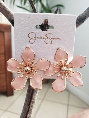 Jessica Simpson Blush Pink Flower Earrings with Gold-Tone Trim